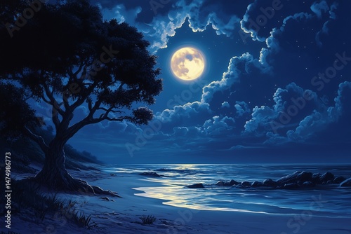 Moonlit Beach with Reflections and Clouds Under the Full Moon