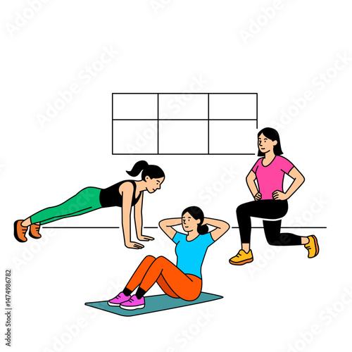 Sportswomen girls training in the gym. Lifting barbells and dumbbells, running on a treadmill, stretching. flat vector linear illustration