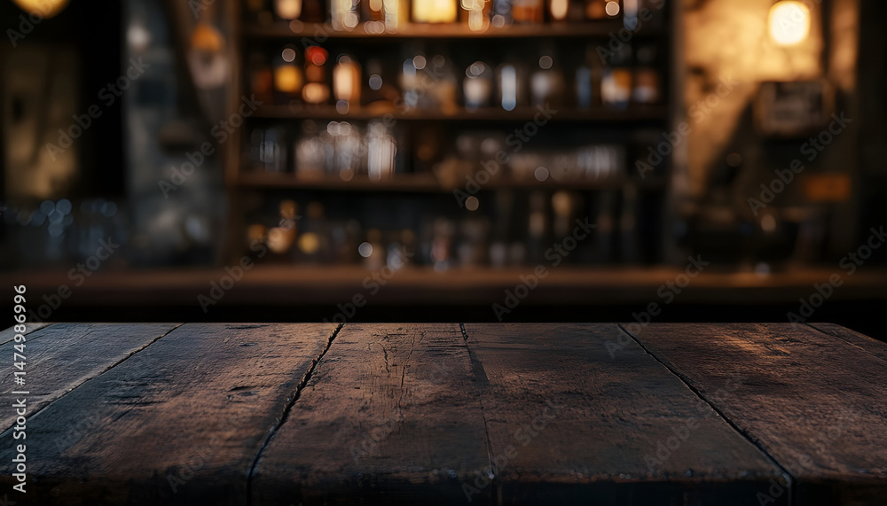 Wooden bar counter with illuminated bottles on shelves in the background