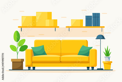 Modern Yellow Sofa in Living Room with Plants and Shelves
