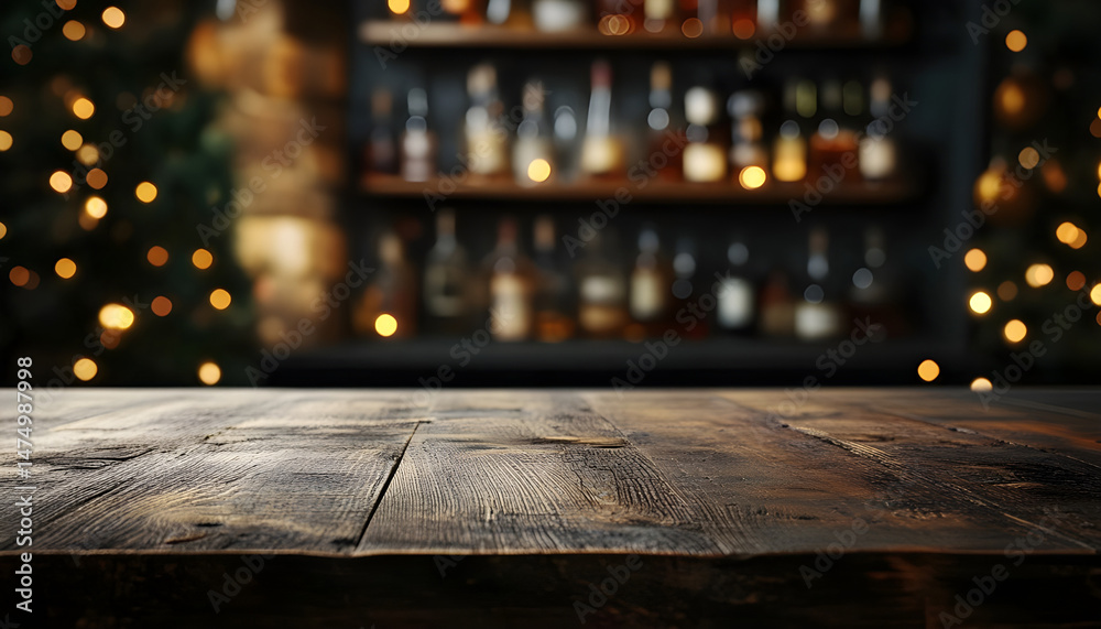 Wooden bar counter with illuminated bottles on shelves in the background