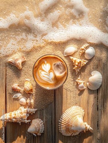 A refreshing iced coffee with intricate latte art surrounded by seashells on sandy beach