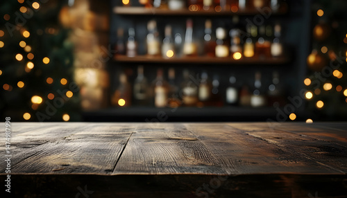 Obraz na płótnie Wooden bar counter with illuminated bottles on shelves in the background w salonie