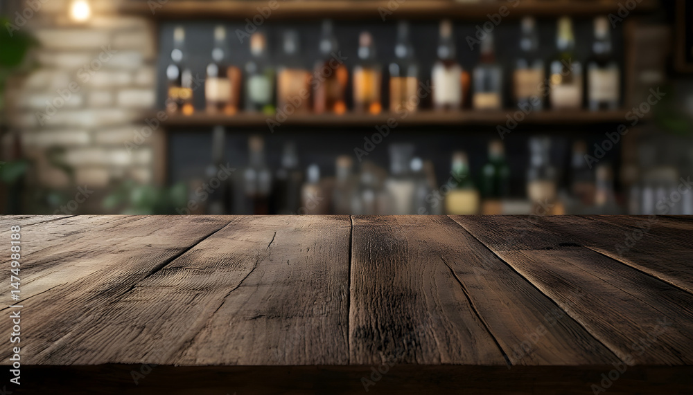 Wooden bar counter with illuminated bottles on shelves in the background