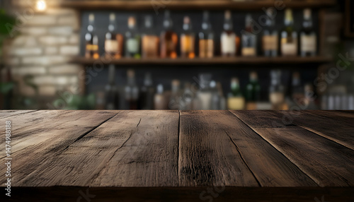 Obraz na płótnie Wooden bar counter with illuminated bottles on shelves in the background w salonie