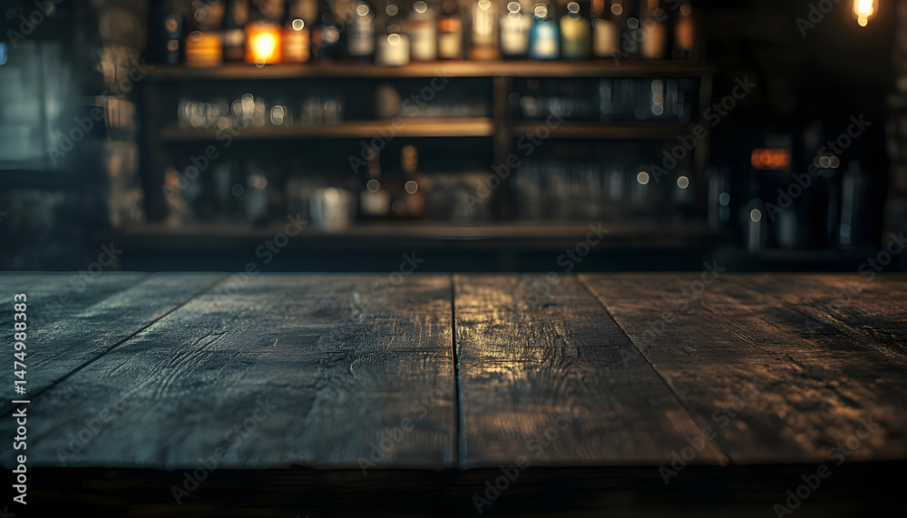 Wooden bar counter with illuminated bottles on shelves in the background