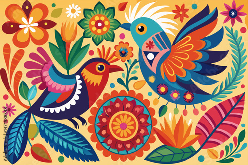 Vibrant Folk Art Birds and Flowers Illustration