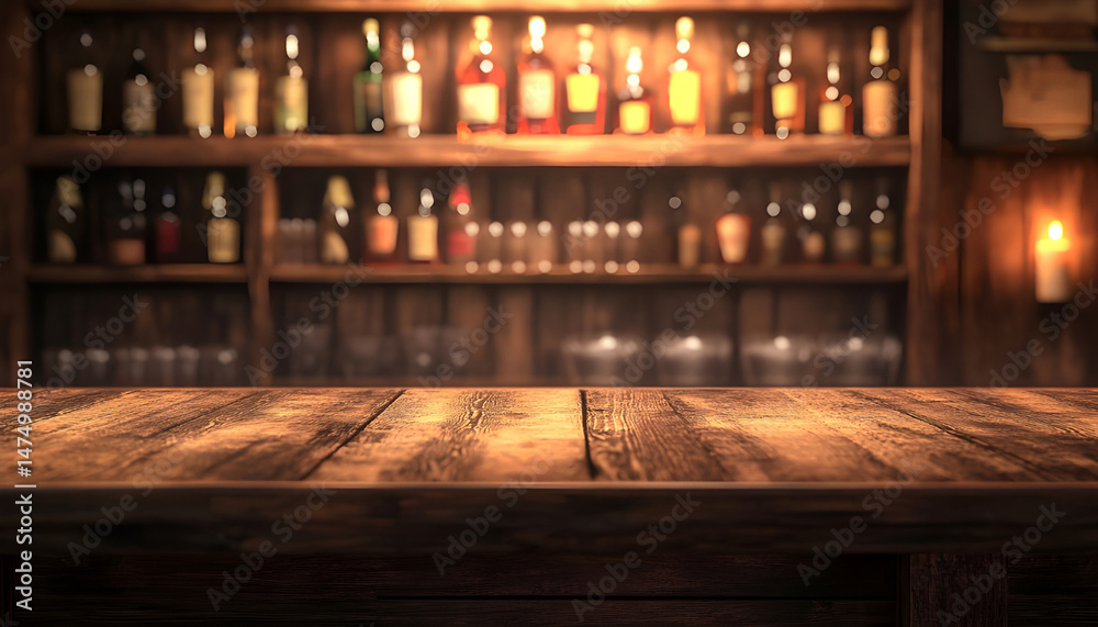Wooden bar counter with illuminated bottles on shelves in the background