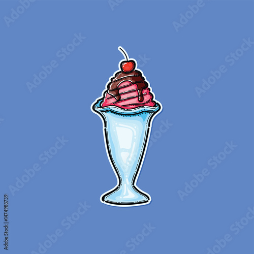 An artistic illustration of a delicious ice cream sundae with chocolate syrup, pink swirl, and a cherry on top in a decorative blue glass against a bright background, creating a playful concept.