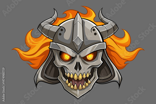 Fiery Skull Warrior in Metal Helmet with Horns