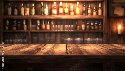 Obraz na płótnie Wooden bar counter with illuminated bottles on shelves in the background w salonie