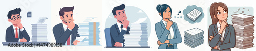 Businessman vector confused with piled up work files