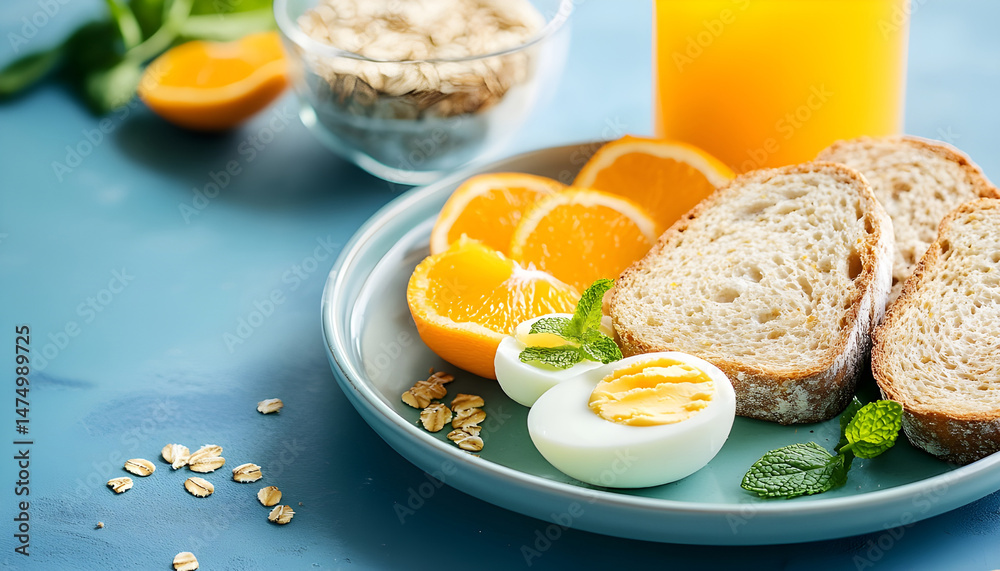 A healthy breakfast arrangement features sliced oranges, eggs, oatmeal, toast, and orange juice on a plate, vibrant and fresh
