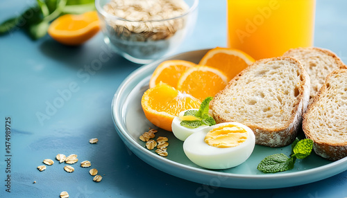 A healthy breakfast arrangement features sliced oranges, eggs, oatmeal, toast, and orange juice on a plate, vibrant and fresh