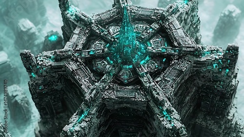 Futuristic Alien Structure with Glowing Teal Energy and Intricat