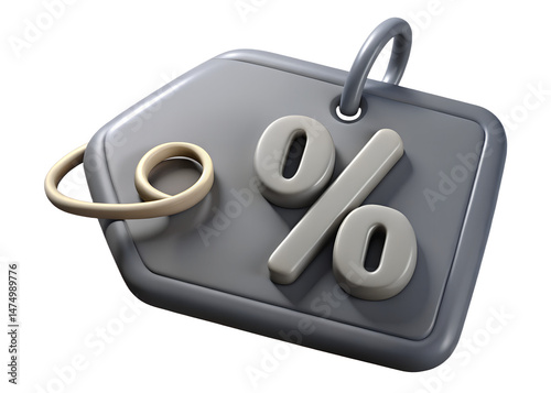 Grey price tag label with percentage. 3d rendering isolated on white background. Cartoon plastic style icon