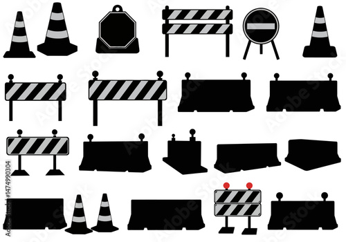 Road construction safety signs and barriers vector set construction site traffic control equipment icons on transparent background silhouette


