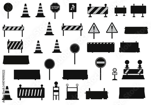 Vector construction site safety equipment set traffic cones barriers stop signs and hard hats graphic design on transparent background silhouette


