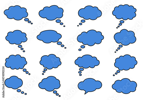 Blue thought bubble vector graphic illustration set for creative design projects and presentations resource on transparent background silhouette


