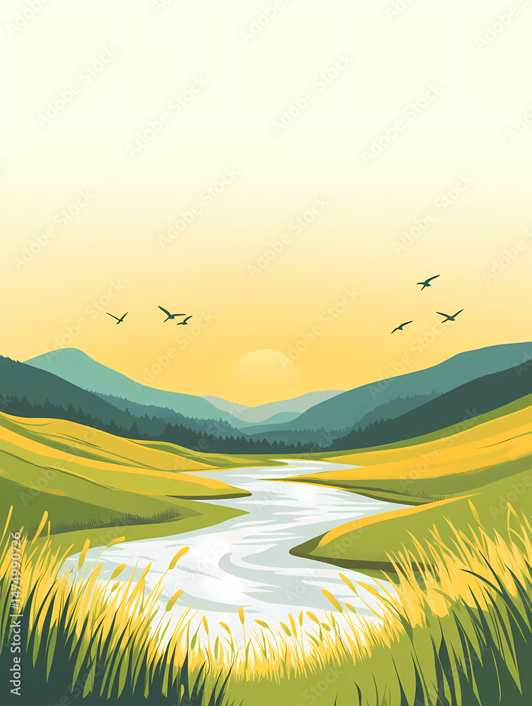 Fototapeta premium Scenic Sunrise Over a Winding River Valley