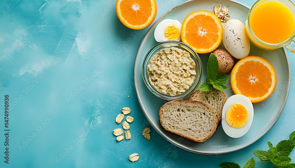 A healthy breakfast arrangement features sliced oranges, eggs, oatmeal, toast, and orange juice on a plate, vibrant and fresh