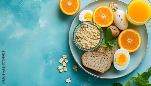 Obraz na płótnie A healthy breakfast arrangement features sliced oranges, eggs, oatmeal, toast, and orange juice on a plate, vibrant and fresh w salonie