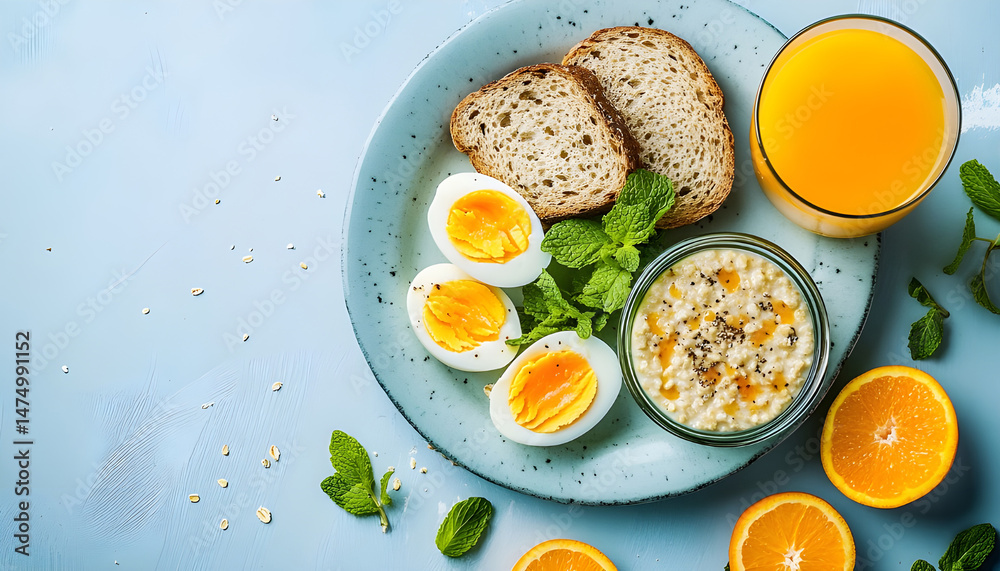 A healthy breakfast arrangement features sliced oranges, eggs, oatmeal, toast, and orange juice on a plate, vibrant and fresh
