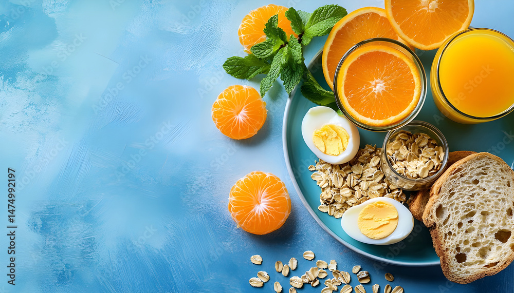 A healthy breakfast arrangement features sliced oranges, eggs, oatmeal, toast, and orange juice on a plate, vibrant and fresh