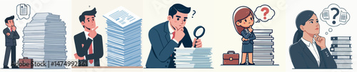 Businessman vector confused with piled up work files