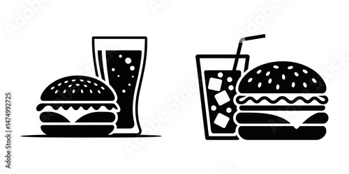 Colorful illustration of a burger with fries and a drink, showcasing a classic fast food meal, Burger and drink icon, hamburger and soda silhouette vector illustration, hamburger silhouette vector.