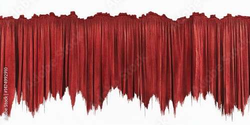 Frayed, crimson drapes hang in ragged folds, cascading downward