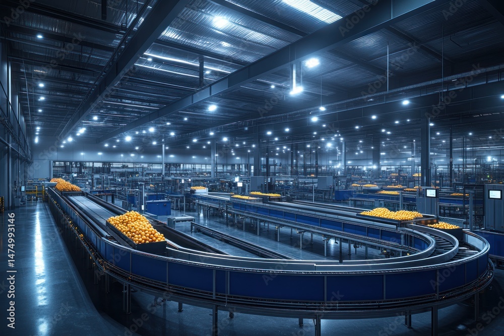 Fototapeta premium Automated food processing facility with conveyor belts