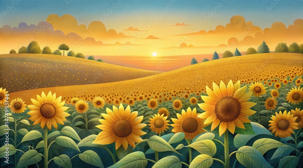 Fototapeta premium A vibrant field of blooming sunflowers stretches across rolling hills under a golden sunrise sky.