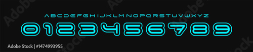 Futuristic neon font, sleek monoline alphabet, rounded techno typeface, sci-fi logo numbers, cyber UI style lettering, digital HUD visuals, glowing interface design. Vector typeset