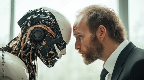 A man in a business suit shares a tense moment with a humanoid robot, exploring themes of humanity, technology, and the future of human-technology relations. photo