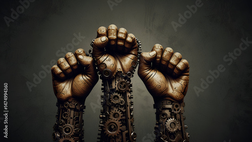 Three powerful gritty fists two visibly enhanced with intricate mechanical components and gears are raised in a symbolic gesture against a dark textured background representing strength photo