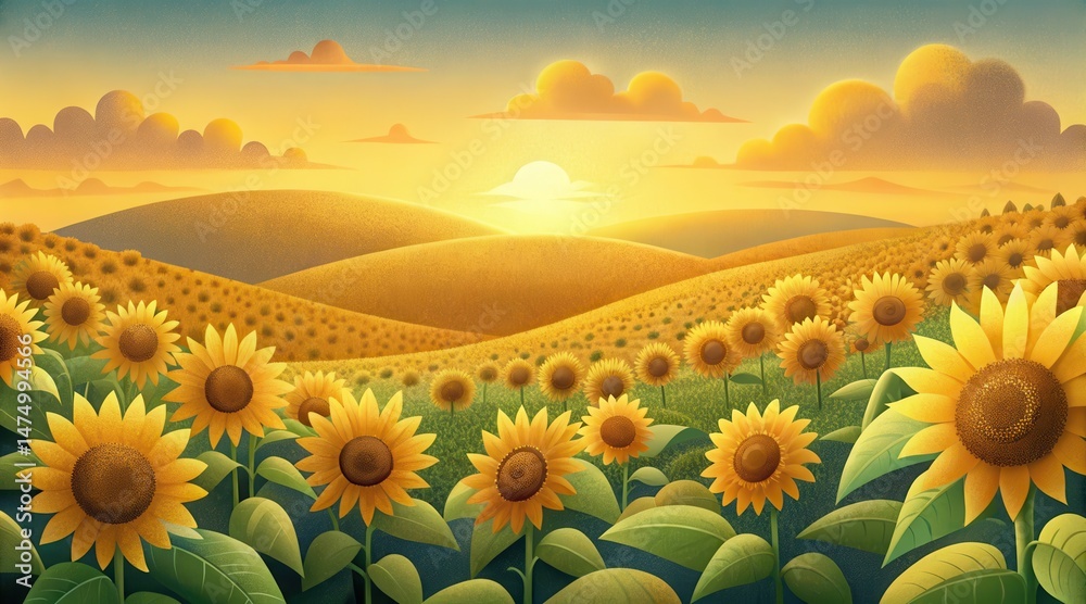 Fototapeta premium A vibrant field of sunflowers stretches across rolling hills under a golden sunrise sky with scattered clouds.