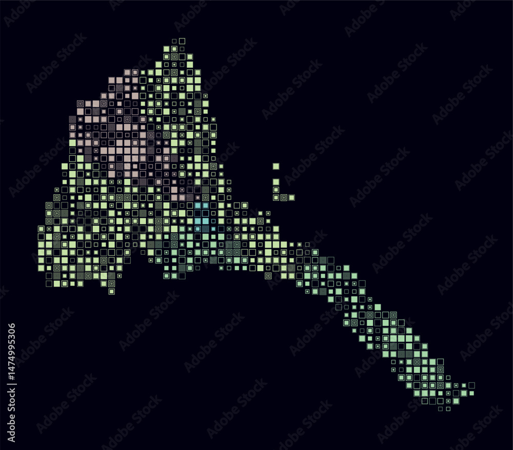 Fototapeta premium Eritrea, shape of the country built of colored cells. Digital style map of Eritrea on dark background. Small size square blocks. Plain vector illustration.