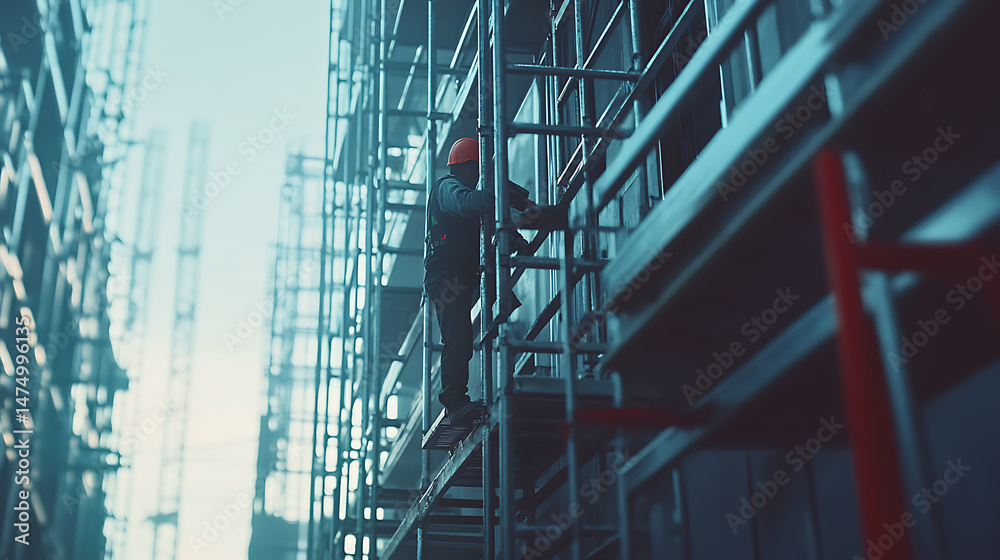 Fototapeta premium Construction Worker on Scaffolding