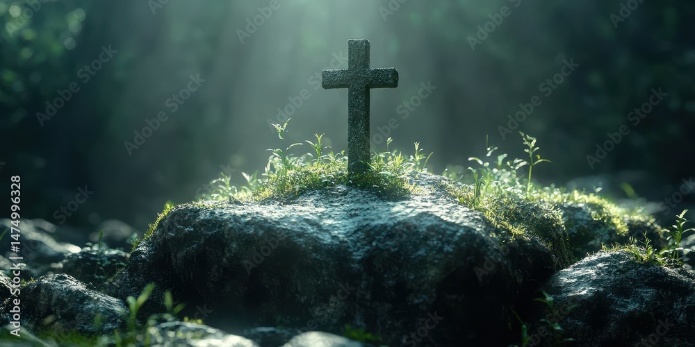 Naklejka premium Mysterious cross adorned with lush greenery in a foggy forest setting
