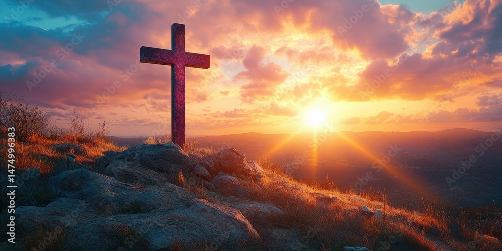 Fototapeta premium Sunset over a cross on a hilltop with dramatic clouds and golden light in a serene landscape