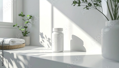 Minimalist bathroom scene with sunlight, white bottle, and plant