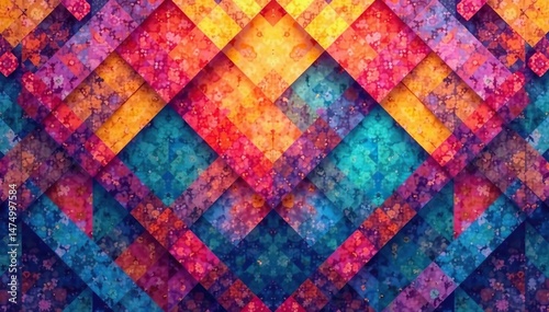 Abstract geometric shapes form a colorful repeating pattern Perfect for backgrounds or design elements , colorful, pattern design, geometric design