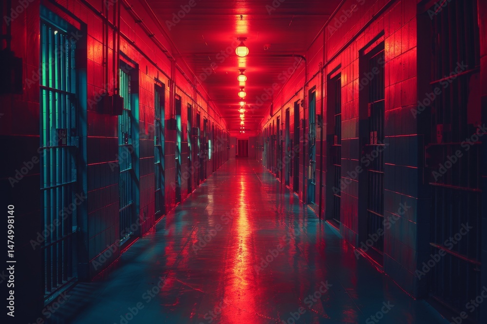 Fototapeta premium Mysterious prison corridor illuminated by red lights during nighttime