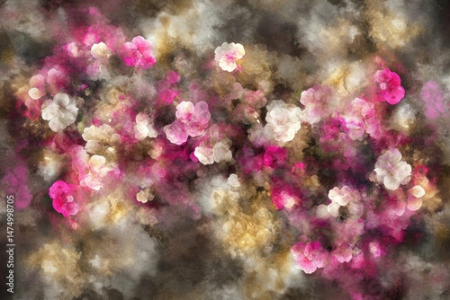 Abstract floral explosion in shades of pink, gold, and grey.  Clusters of stylized flowers appear amidst textured, painterly brushstrokes