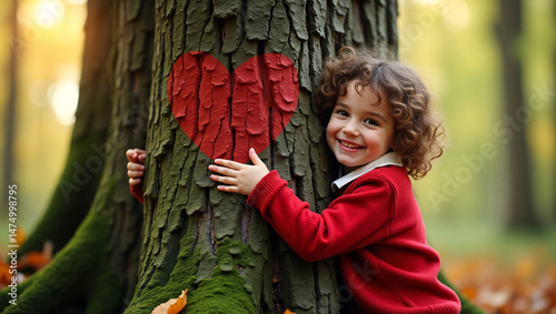 A heartwarming scene: a child embracing a tree with a painted heart