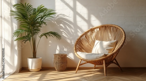 Bohemian, sunlit room with woven chair and plant