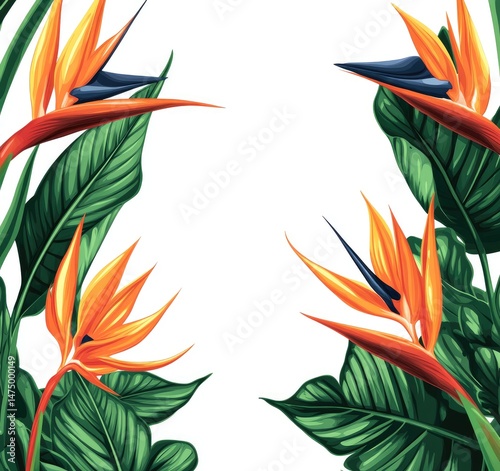 Vibrant bird of paradise flowers and tropical leaves frame a white background