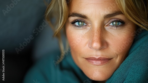 An intimate close-up captures a woman's thoughtful expression as she rests her head on her arm, showcasing her beauty with deep green eyes and a serene smile amidst soft colors. photo