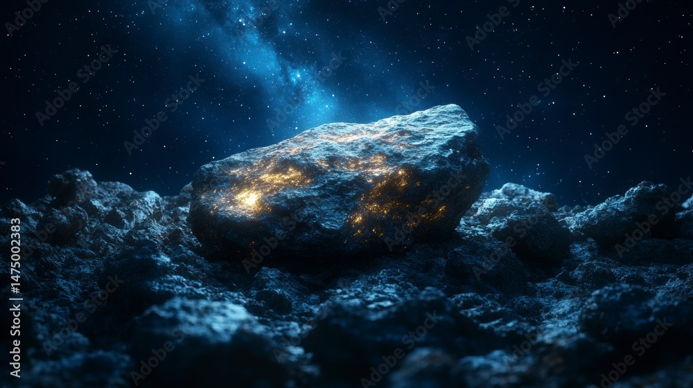 Obraz premium Glowing stone amidst rocky terrain under a starlit sky